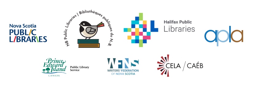 Logos of Nova Scotia Public Libraries, New Brunswick Public Library Service, Halifax, Public Libraries, Atlantic Public Library Association, PEI Public Library Service, Writers' Federation of Nova Scotia, CELA/CAEB.